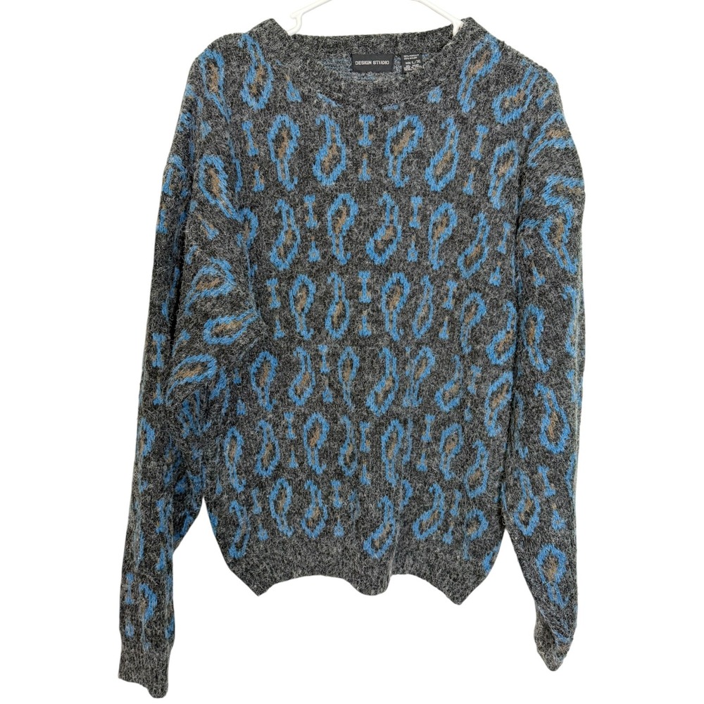 Design Studio L/XL Grey Blue Paisley Fuzzy Knit Crewneck Sweater Grunge Indie